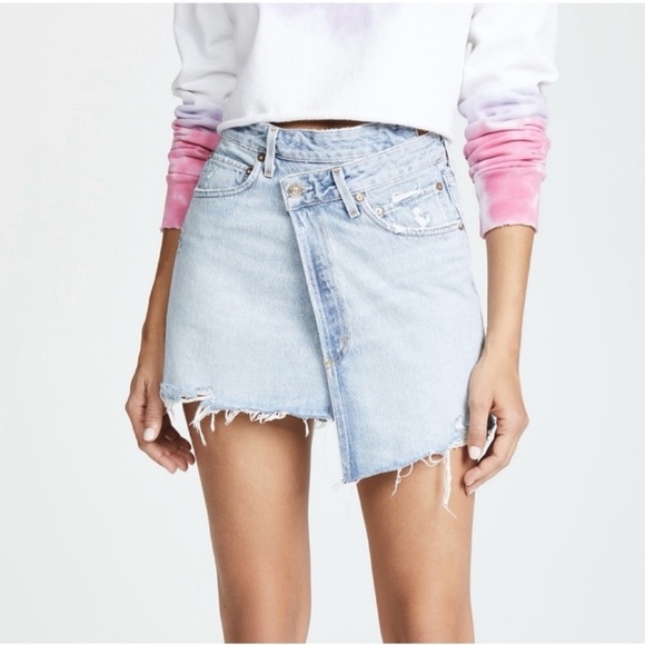 Agolde Criss Cross Asymmetrical Denim Mini Skirt. - Picture 2 of 10